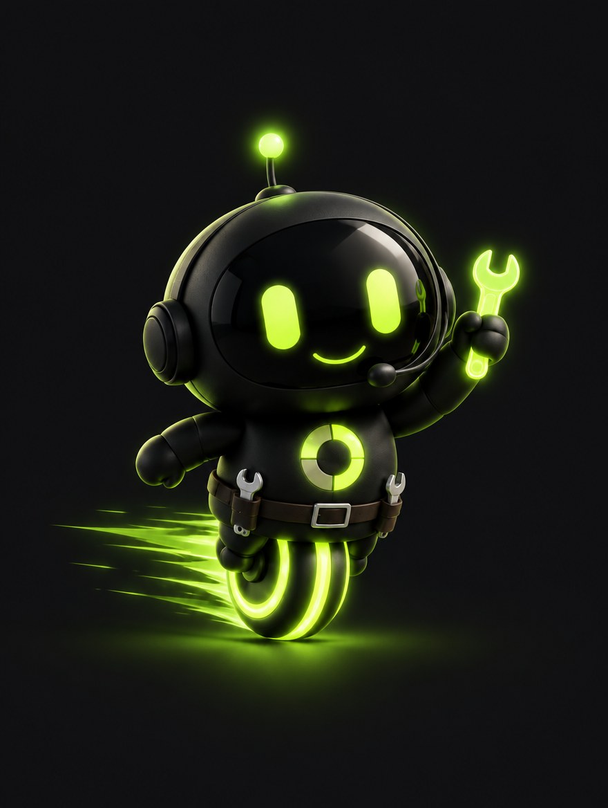 Kyno, the KyneticFlow builder: a small black robot with glowing green eyes and a headset, rolling on a green wheel and holding up a glowing wrench